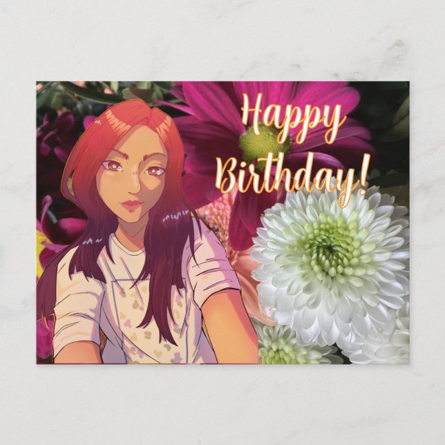 Cartão Postal Happy birthday flowers. anime (Frente)