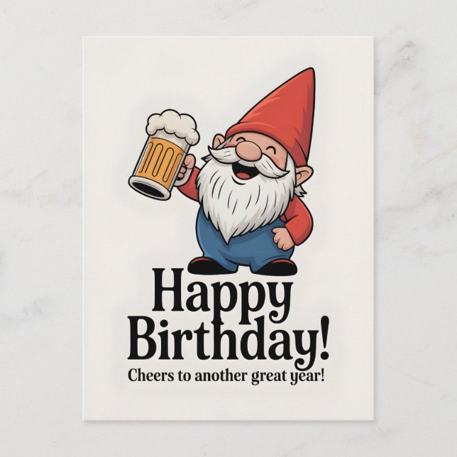Cartão Postal "Happy Birthday" Gnome Raising a Beer (Frente)