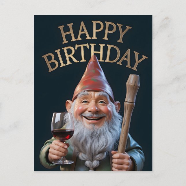 Cartão Postal "Happy Birthday" Gnome Toasting with Red Wine (Frente)