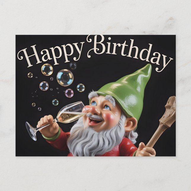 Cartão Postal "Happy Birthday" Gnome with Champagne and Bubbles (Frente)