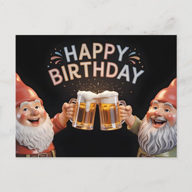 Cartão Postal "Happy Birthday" Gnomes Toasting Beer Mugs (Frente)