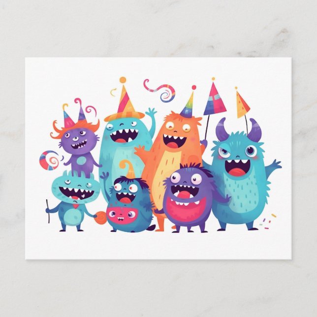 Cartão Postal Happy Birthday. Monsterparty mit Monstern (Frente)