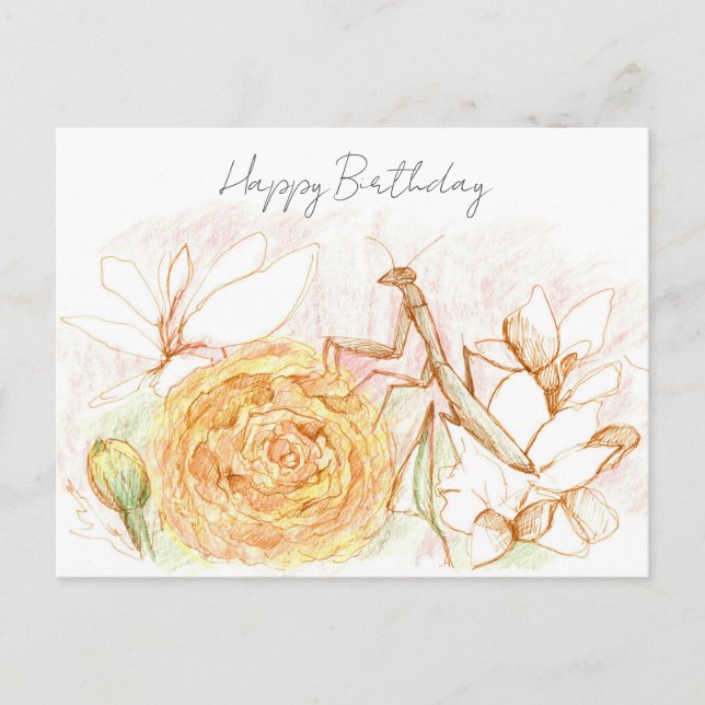 Cartão Postal Happy Birthday Praying Mantis Garden Bug  (Frente)