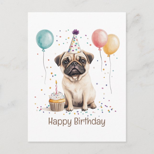 Cartão Postal Happy Birthday Pug Dog (Frente)
