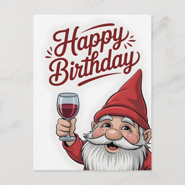 Cartão Postal "Happy Birthday" Wine-Toasting Gnome (Frente)
