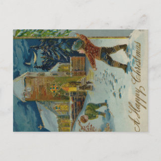 Cartão Postal Happy Christmas - Vintage snowball fight postcard