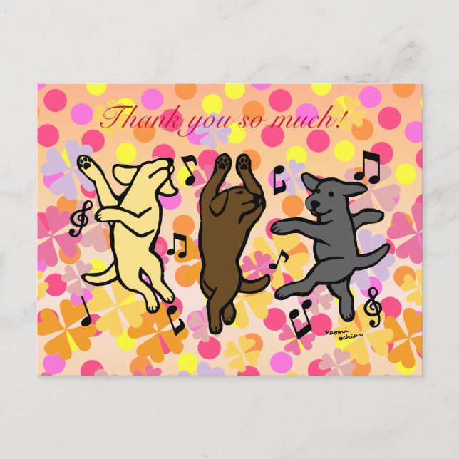 Cartão Postal Happy Dancing Labrador Trio Cartoon Floral (Frente)