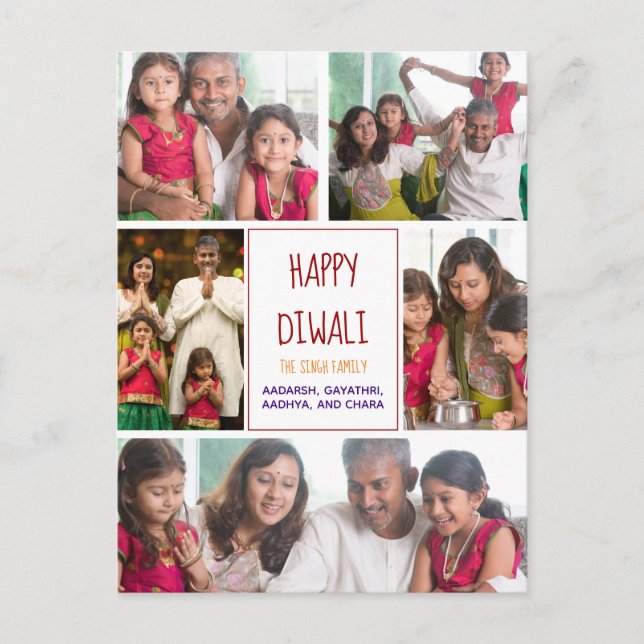 Cartão Postal Happy Diwali Modern Photo Collage Red Holiday (Frente)