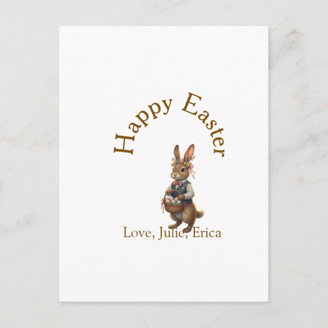 Cartão Postal Happy Easter brown bunny with eggs love add name  (Frente)