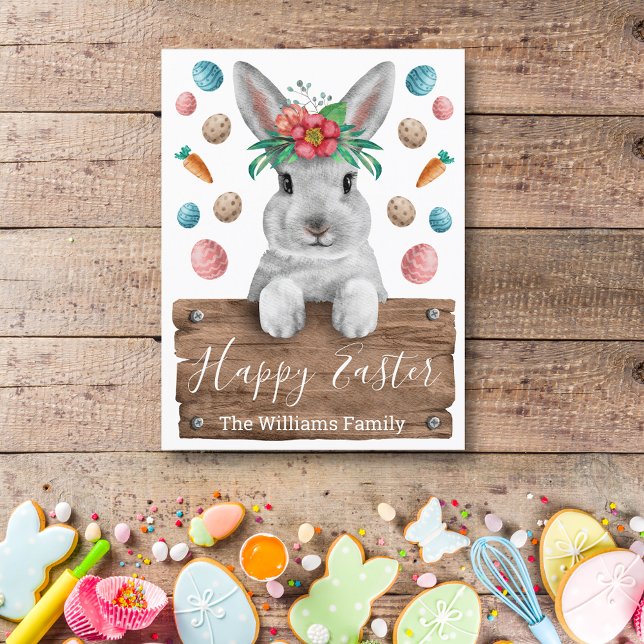 Cartão Postal happy easter  bunny with wood sign and eggs (Criador carregado)