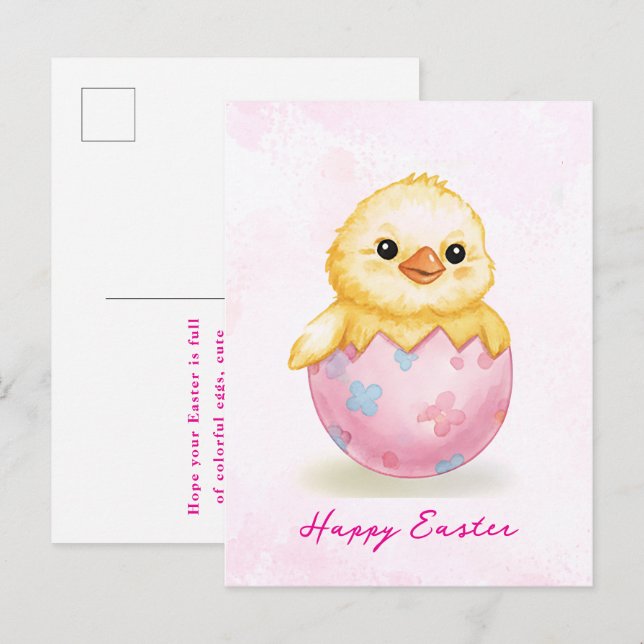Cartão Postal Happy Easter Cute Baby Chick Watercolor Greeting  (Frente/Verso)