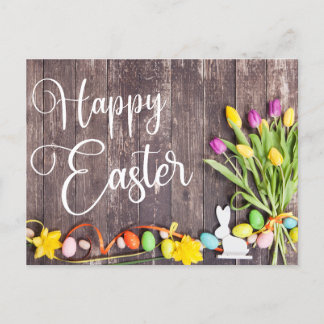 Cartão Postal Happy Easter Postcard Wood Background Flowers