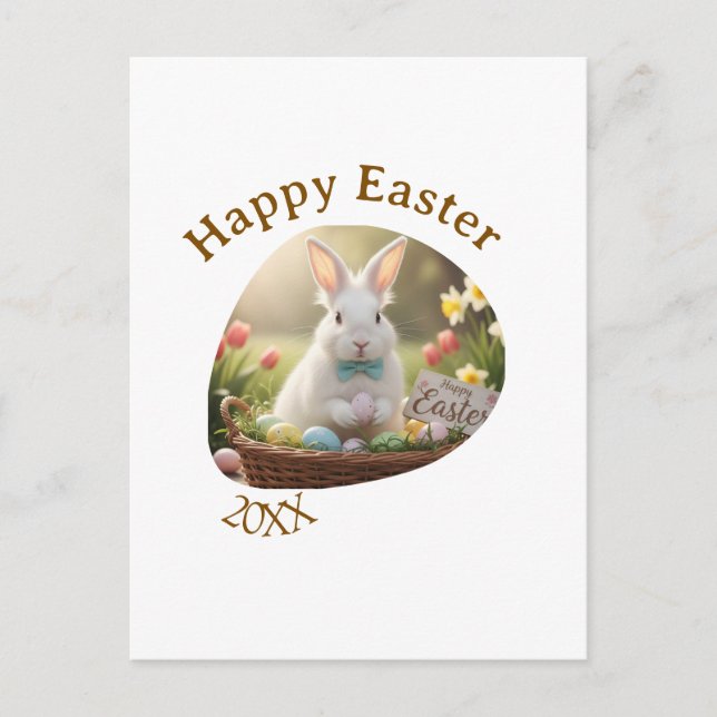 Cartão Postal Happy Easter white bunny year photo family name  (Frente)