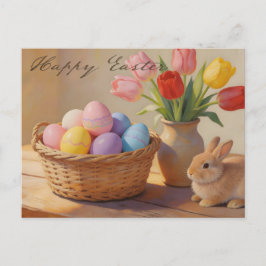 Cartão Postal Happy Easter with Colorful Eggs and Tulips