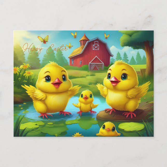 Cartão Postal Happy Easter Yellow Chicks in a Pond by a Red Barn (Frente)
