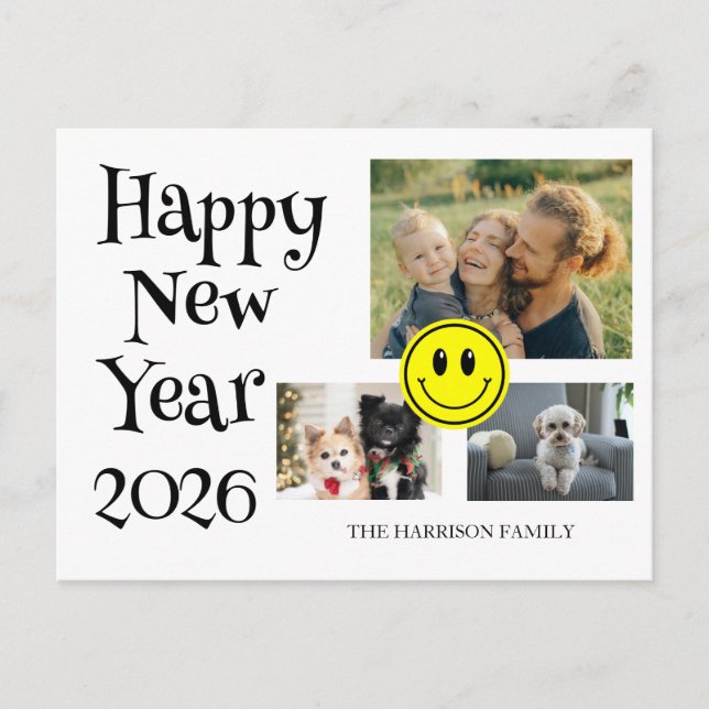 Cartão Postal Happy Face Three Photos New Year  (Frente)