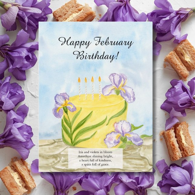 Cartão Postal  Happy February Irises Birthday Cake (Criador carregado)