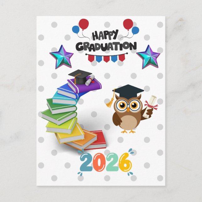 Cartão Postal Happy Graduation 2026 - Cute Owl & Books  (Frente)