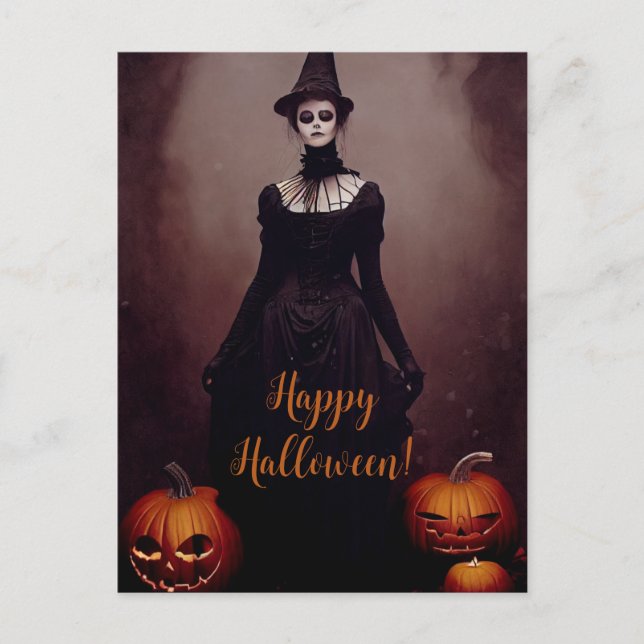 Cartão Postal Happy Halloween with a witch in Gothic dress. (Frente)