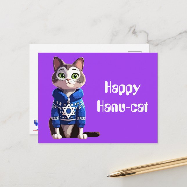 Cartão Postal Happy Hanu-Cat | Gato em Hanukkah Sweater (Frente/Verso In Situ)