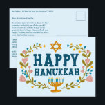 Cartão Postal HAPPY HANUKKAH Floral Wreath Menorah Texto persona<br><div class="desc">Texto desenhado à mão e flores por mim para você. Clique em "personalizar" para editar e adicionar seu próprio texto e retornar o endereço à parte traseira do cartão postal ou alterar as cores de fundo. Tudo é personalizável. Para mais designs e cores, verifique meu compro! Ou me avise se...</div>