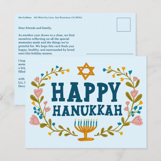 Cartão Postal HAPPY HANUKKAH Floral Wreath Menorah Texto persona (Frente/Verso)
