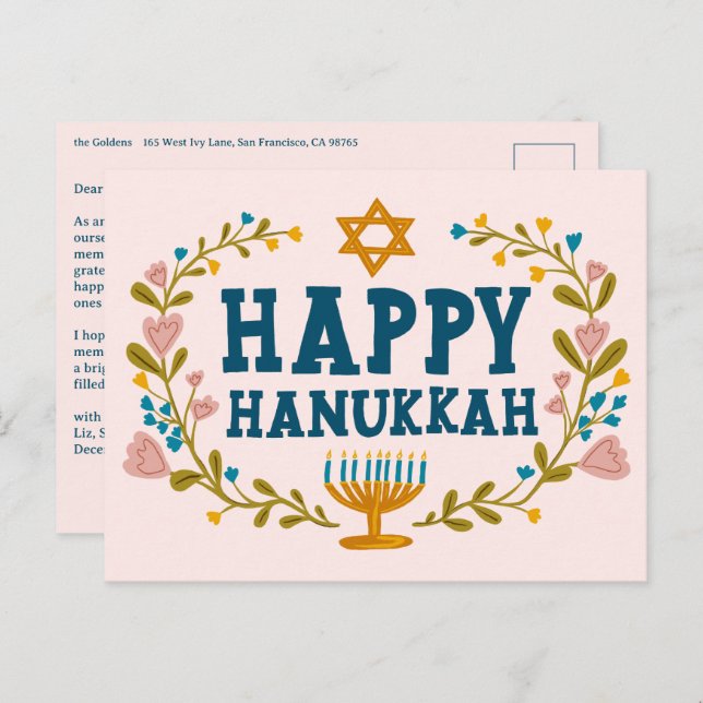 Cartão Postal HAPPY HANUKKAH Floral Wreath Menorah Texto persona (Frente/Verso)