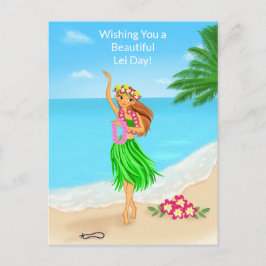 Cartão Postal Happy Hawaiian Lei Day Hula Girl Beach
