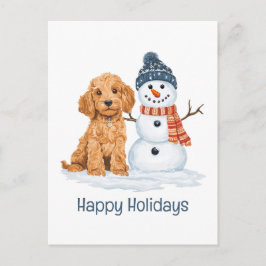 Cartão Postal Happy Holidays Winter Goldendoodle Dog Snowman