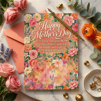 Cartão Postal Happy Mothers Day Lush Pink Watercolor Floral Mom