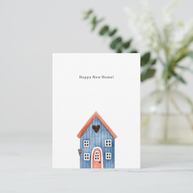 Cartão Postal Happy New Home Quote Blue House Illustration Card (Em pé/Frente)