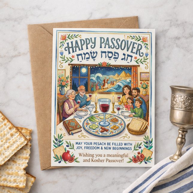 Cartão Postal Happy Passover Chag Pesach Sameach Colorful Folk (Criador carregado)