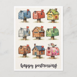 Cartão Postal Happy Postcrossing Watercolor Mailbox Illustration