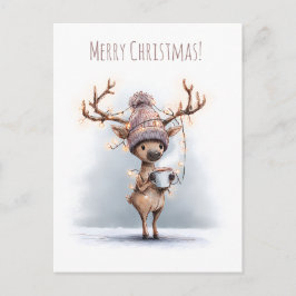 Cartão Postal Happy reindeer holds hot mug, Christmas