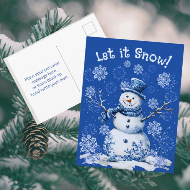 Cartão Postal Happy Snowman Snowflakes Blue White Holiday  (Thrifty personalized postcards!)