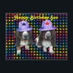 Cartão postal Happy Son Basset<br><div class="desc">Cartaz Feliz Aniversário Filho - 2 cabeceiras de estrelas vestindo chapéus com estrelas</div>