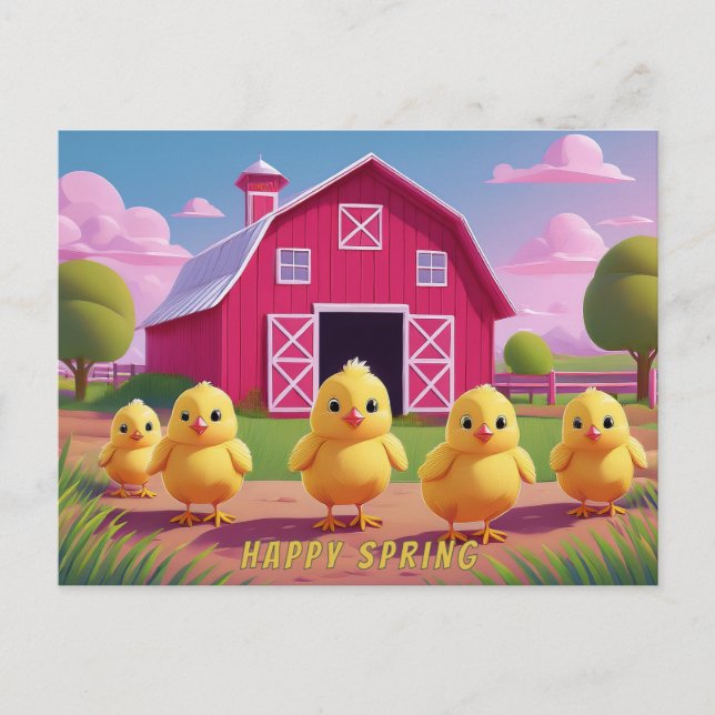 Cartão Postal Happy Spring Chicks in Barnyard (Frente)