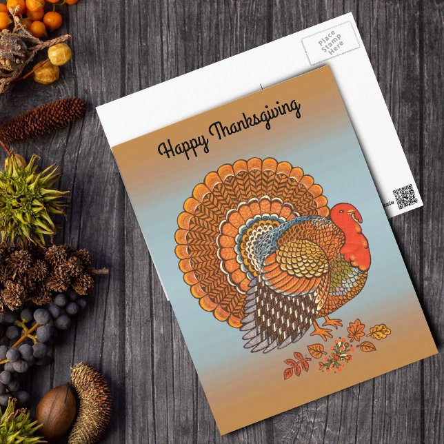 Cartão Postal  Happy Thanksgiving Male Turkey Fanned Tail Orange (Male turkey orange browns in Autumn leaves fanned tail orange blue Thanksgiving postcard.)