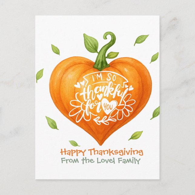 Cartão Postal Happy Thanksgiving Thankful Heart Pumpkin  (Frente)