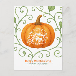 Cartão Postal Happy Thanksgiving Thankful Scroll Pumpkin
