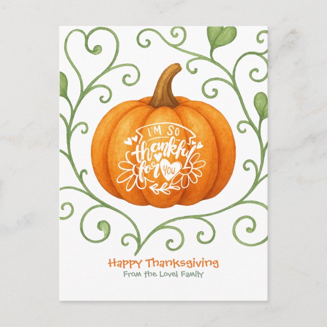 Cartão Postal Happy Thanksgiving Thankful Scroll Pumpkin  (Frente)