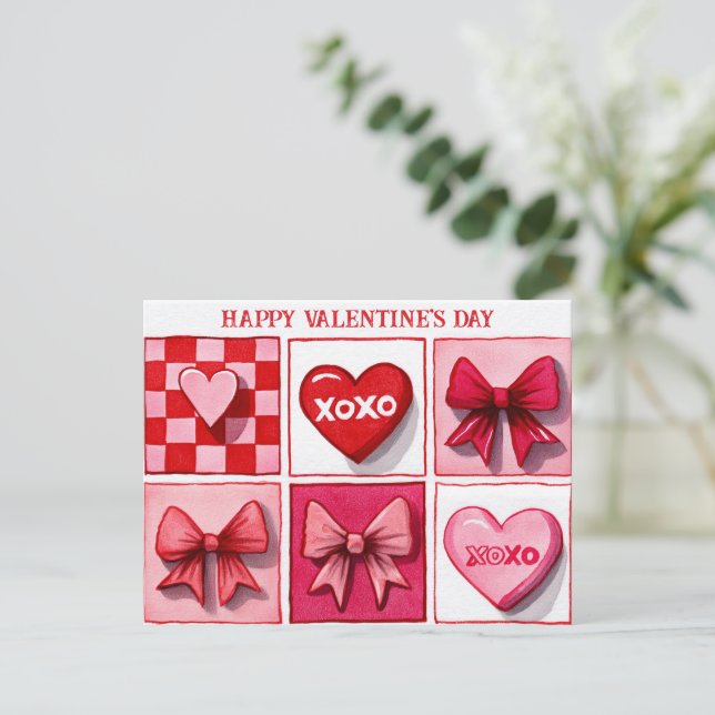 Cartão Postal Happy Valentine’s Day Pink & Red XOXO Card (Em pé/Frente)
