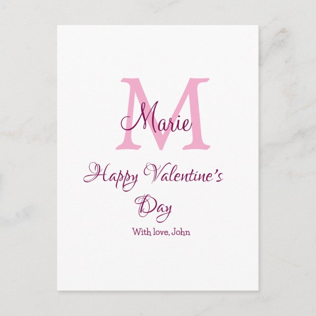 Cartão Postal Happy valentine's day monogram pink name love girl (Frente)