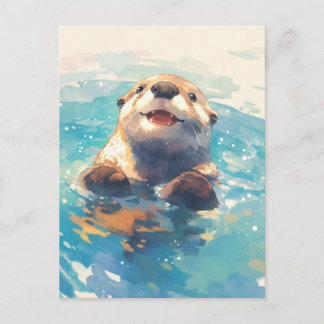 Cartão Postal Happy Watercolor Otter Swimming