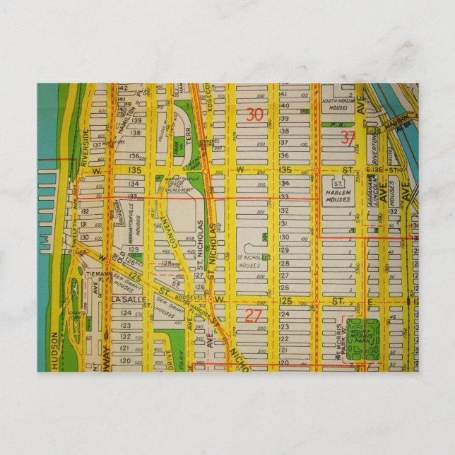Cartão Postal Harlem, NY Vintage Map (Frente)