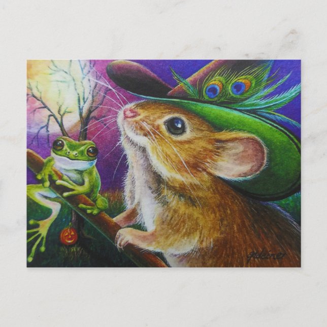 Cartão Postal Harriet Halloween Bruxa Sapo do Rato Aquarela Arte (Frente)