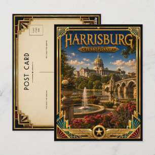 Cartão Postal Harrisburg Pensilvânia Arte Deco Vintage Dourado