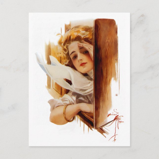 Cartão Postal Harrison Fisher: Mulher em trem (Frente)