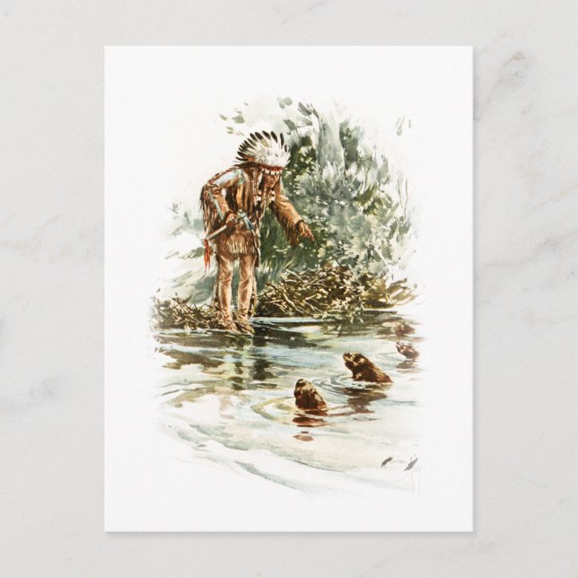 Cartão Postal Harrison Fisher Song of Hiawatha Red Indian Otters (Frente)