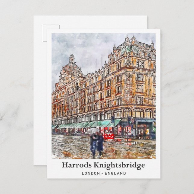 Cartão Postal Harrods Knightsbridge London Viagem Watercolor (Frente/Verso)